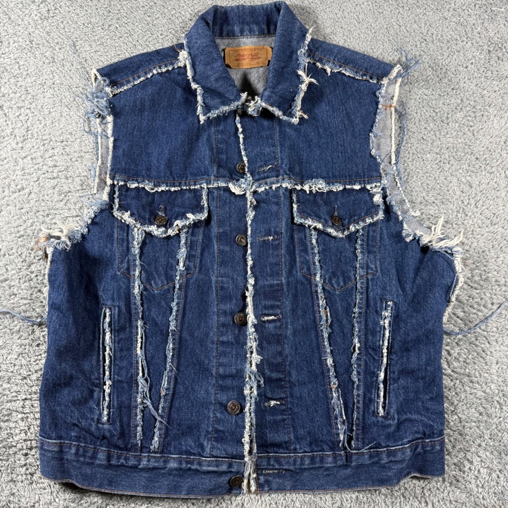 Vintage Levis Denim Vest Mens 44 Blue Distressed Raw Edge Frayed Trucker red tab